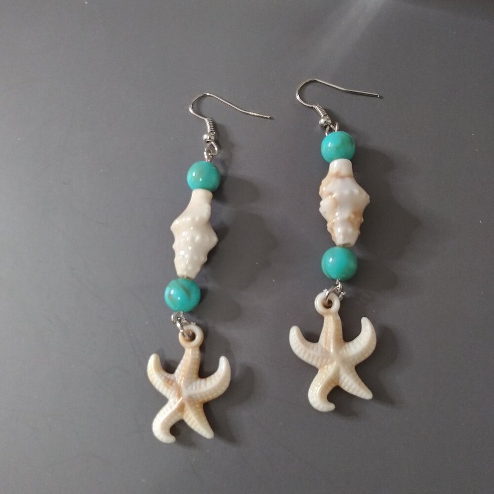 Coastal Shell & Starfish Beaded Dangle Earrings
